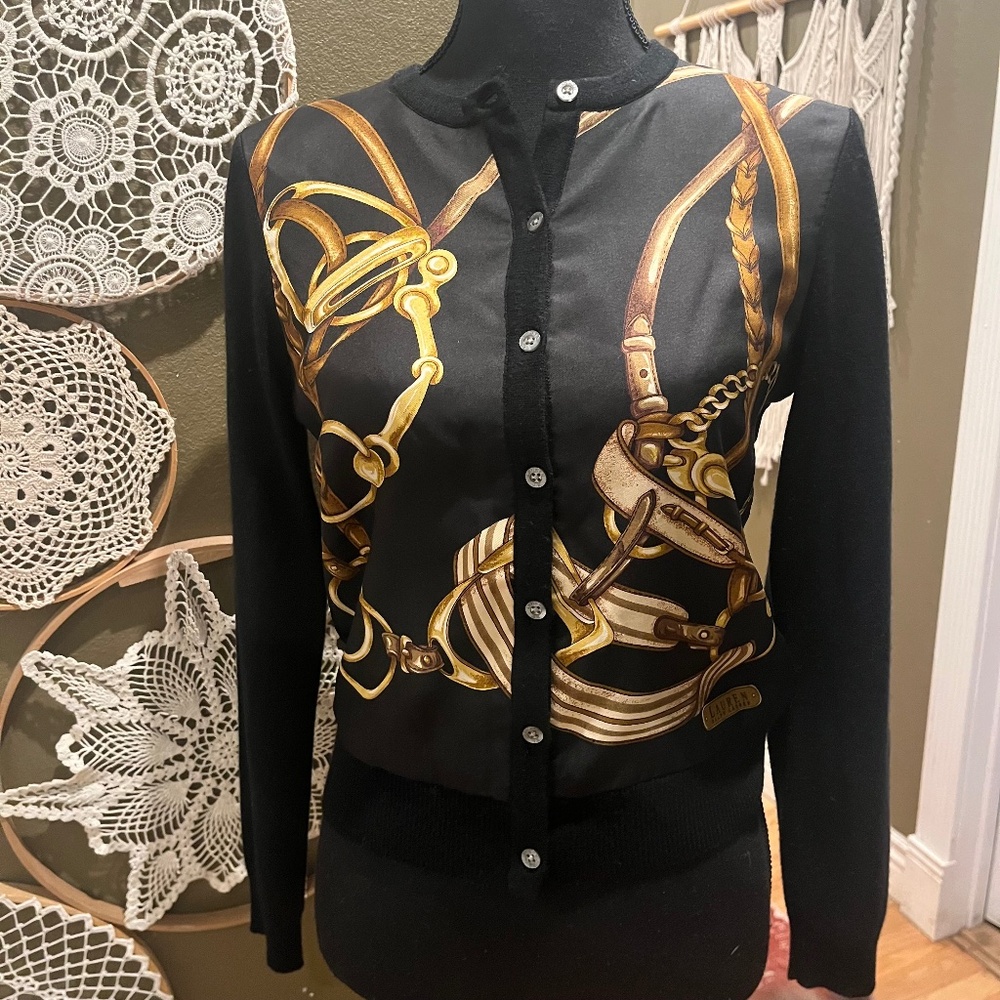 Lauren Ralph Lauren Petite Silk & Cashmere Equestrian Print Cardigan – Size P/P